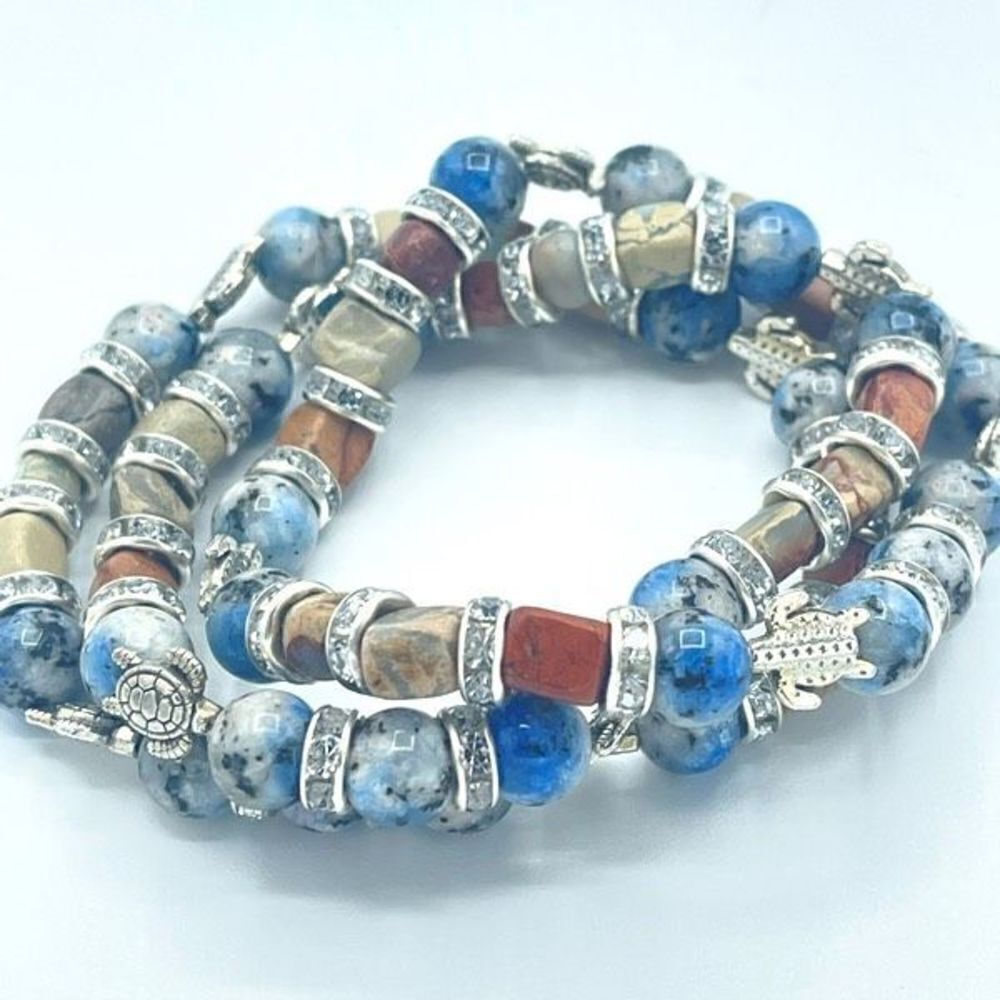 Sea Turtle K2 Picasso stone jasper crystal beaded stretch bracelet ONE NEW rhine